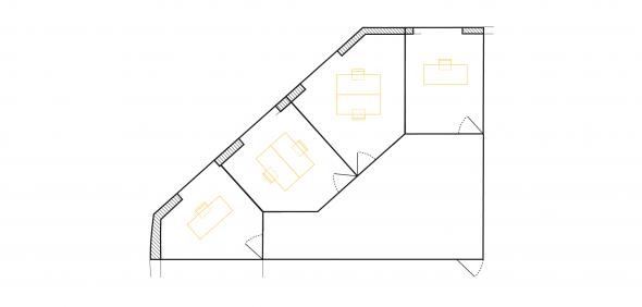 Plan de l'ensemble 4 bureaux meublés et fermés avec open-space 